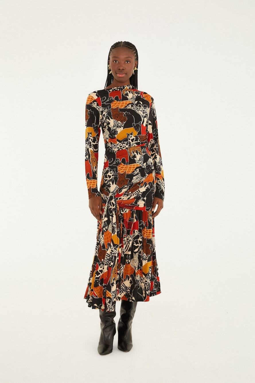 Farm Rio Multicolor Cats And Dogs Long Sleeve Draped Midi Dress